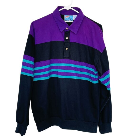 Vtg 1980s Spalding Sport Rugby Shirt Mens Sz L Purple Teal Stripe Grandpacore - Picture 1 of 5